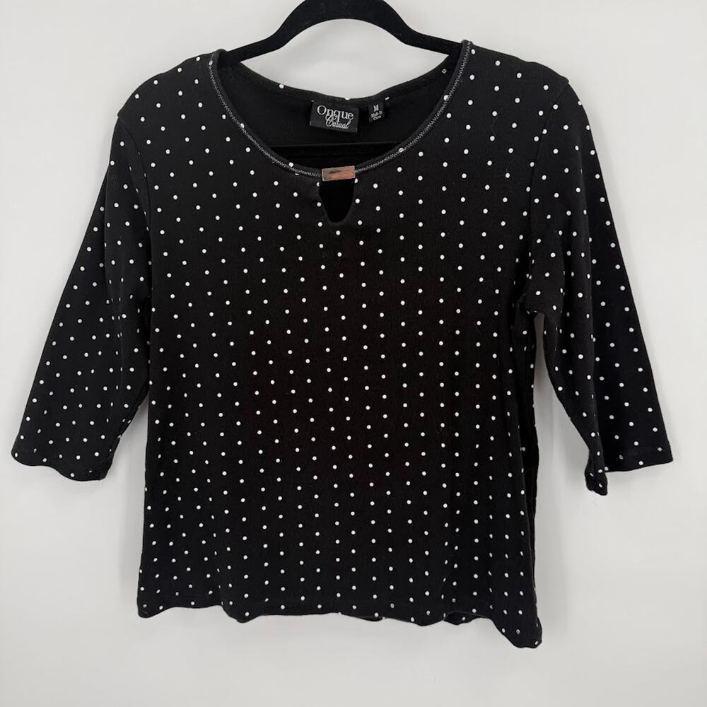Onque Casual Womens Medium Black White Polka Dot Top 3/4 Sleeve Keyhole Neck